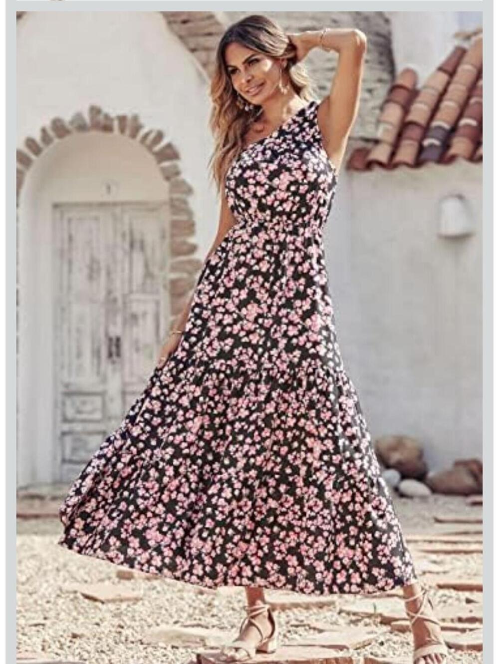 Floral Tied One Shoulder Black Pink Tiered Maxi Dress Pretty Garden SM